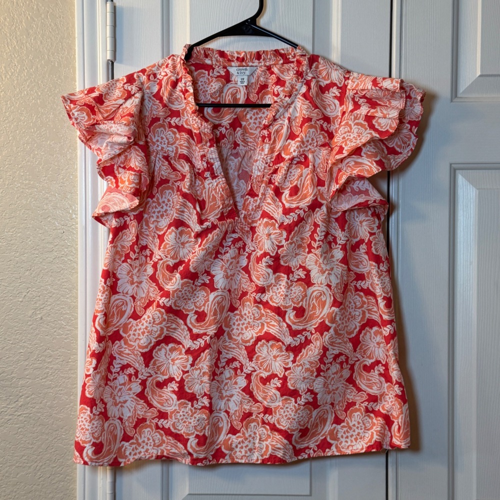 Crown & Ivy Pink Orange Floral Paisley Ruffle Sleeve V Neck Tropical 2X Blouse